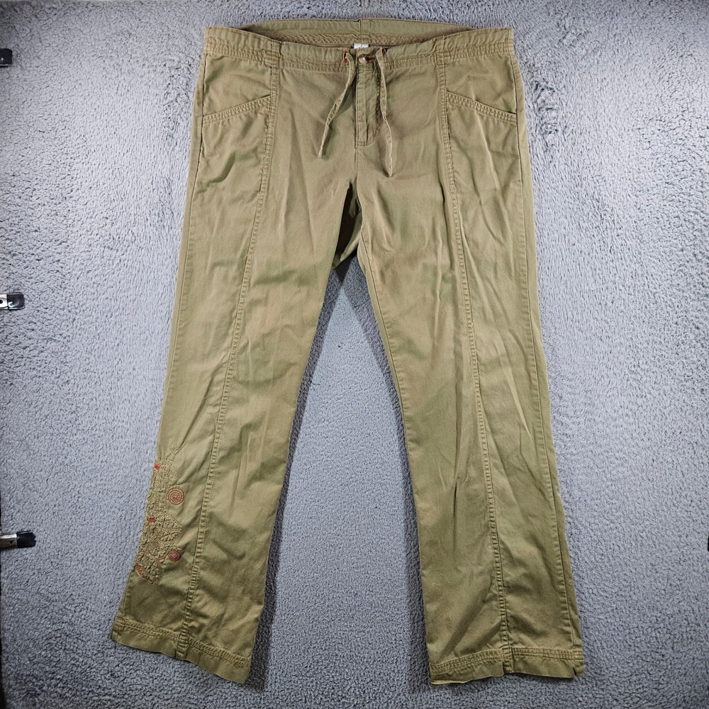 Prana Womens XL Organic Cotton Embroidered Khaki Green Hiking Pants Drawstring